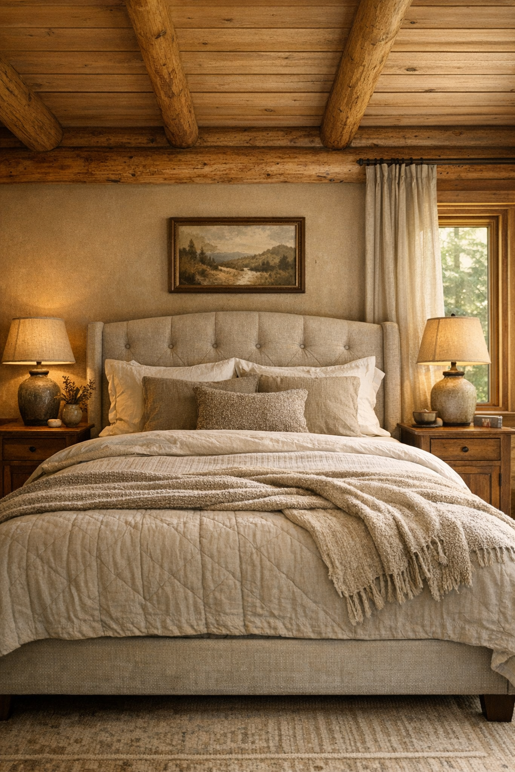 Serene bedroom with log walls, upholstered bed, and handcrafted wood furniture