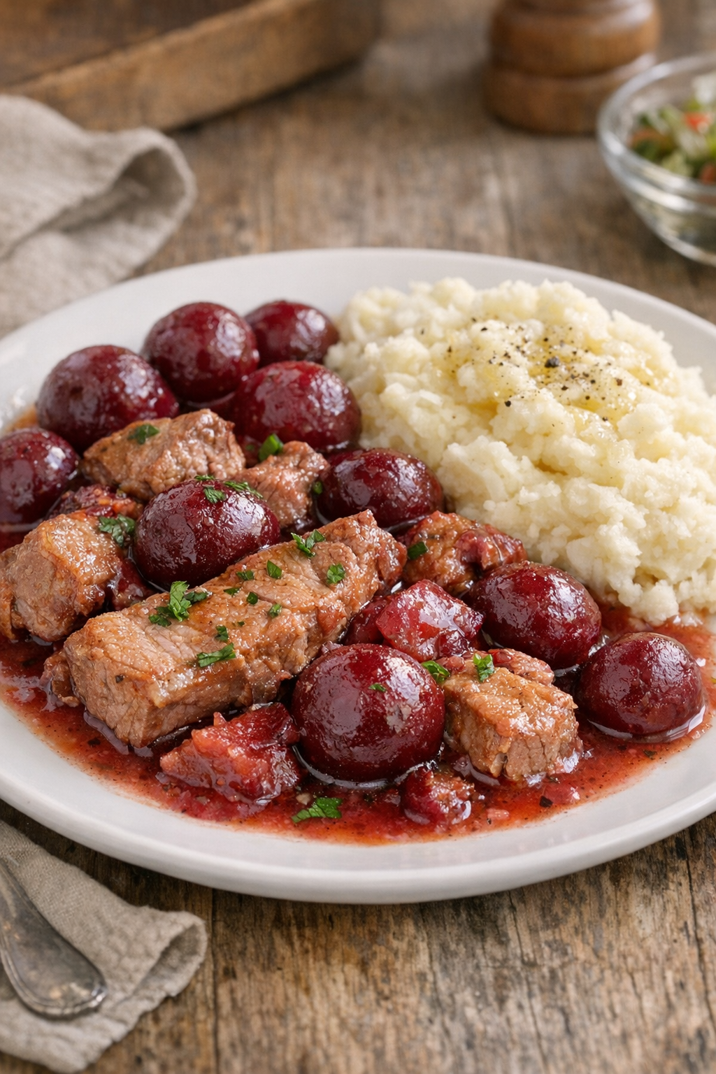 Finished vintage beet pork plated for serving