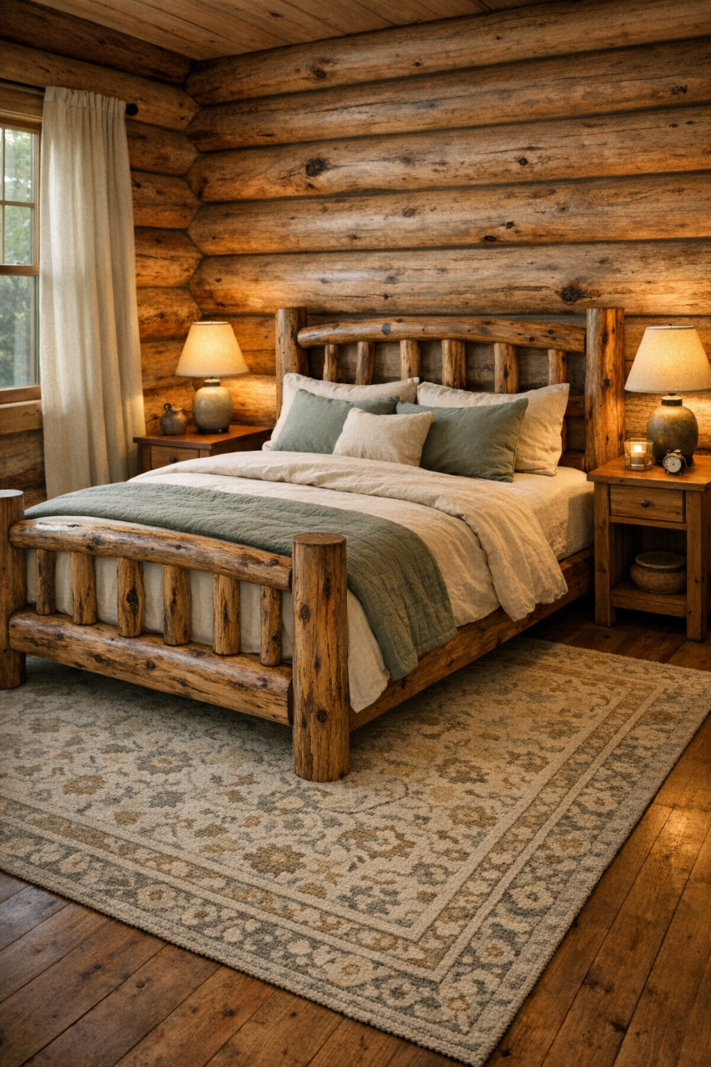 Cozy log home bedroom with handmade wood bed, layered textiles, and soft lighting