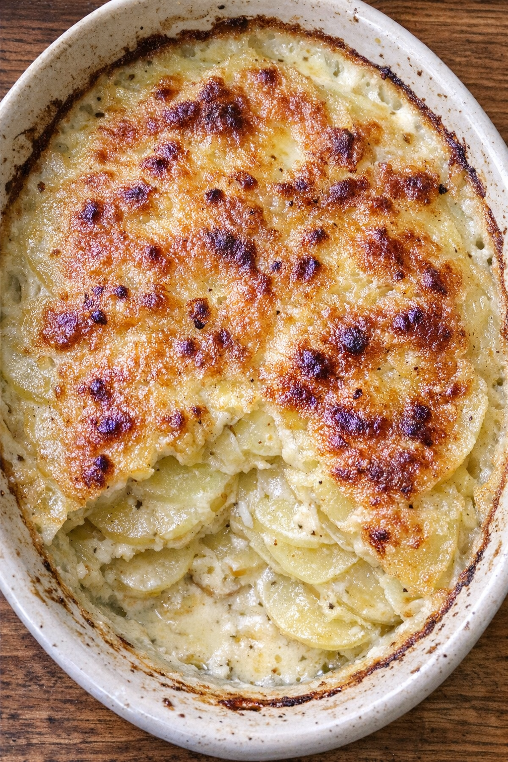 Creamy sliced potatoes with a golden brown top in an oval ceramic casserole dish