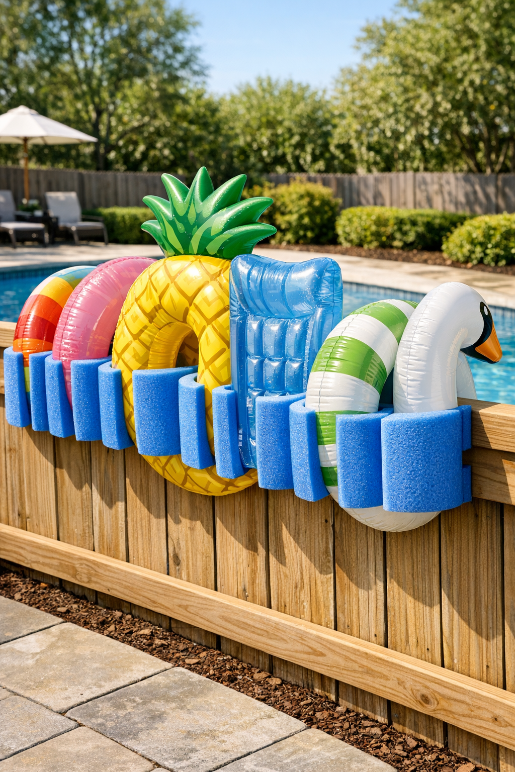 Finished DIY pool float organizer made from blue pool noodles on a wooden fence rail