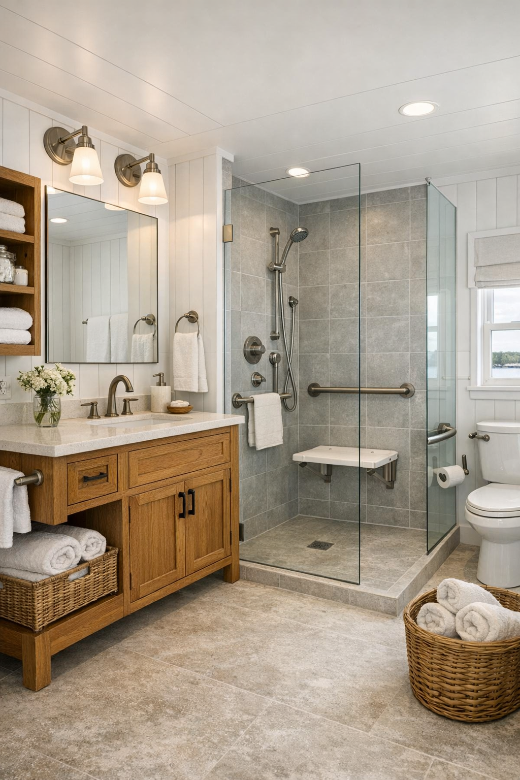 Accessible farmhouse bathroom with oak vanity and curbless shower