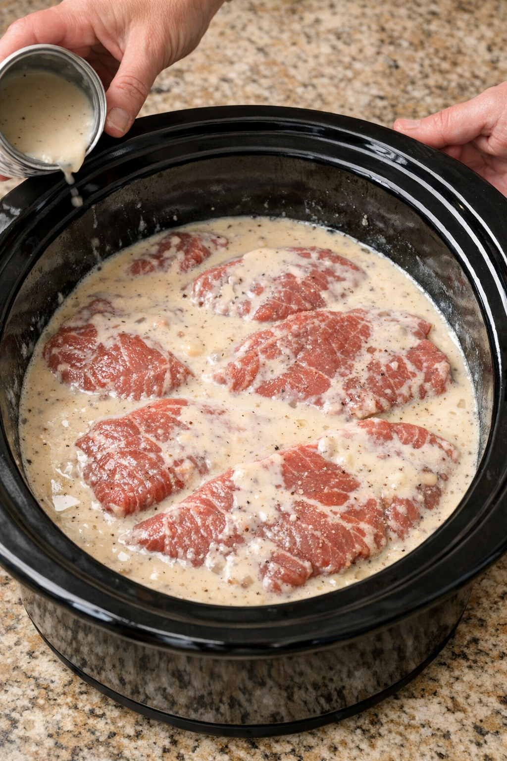 Raw beef in slow cooker covered with evaporated milk mixture