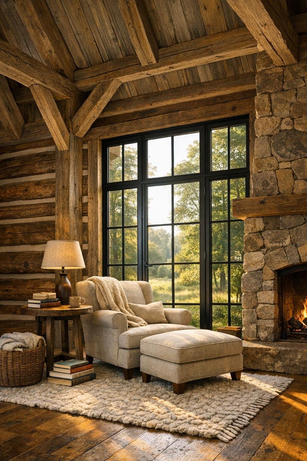 Warm rustic living room with a stone fireplace and a cozy reading corner by the windows