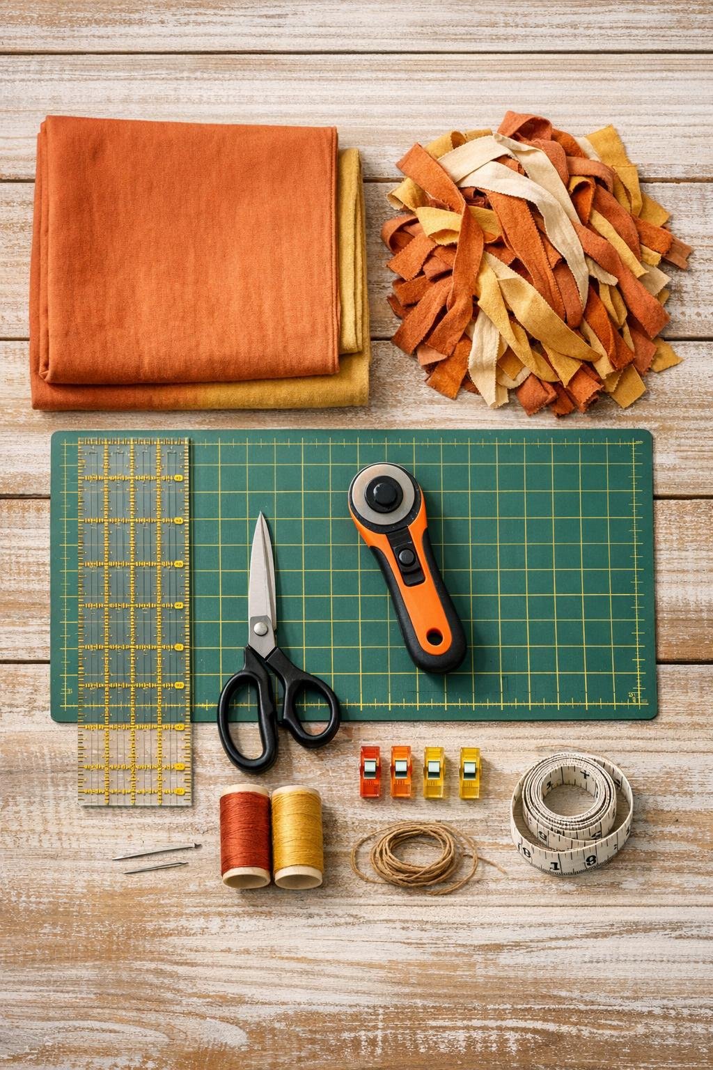 Old cotton bed sheets cut into strips with sewing supplies laid out for making knotted trivets