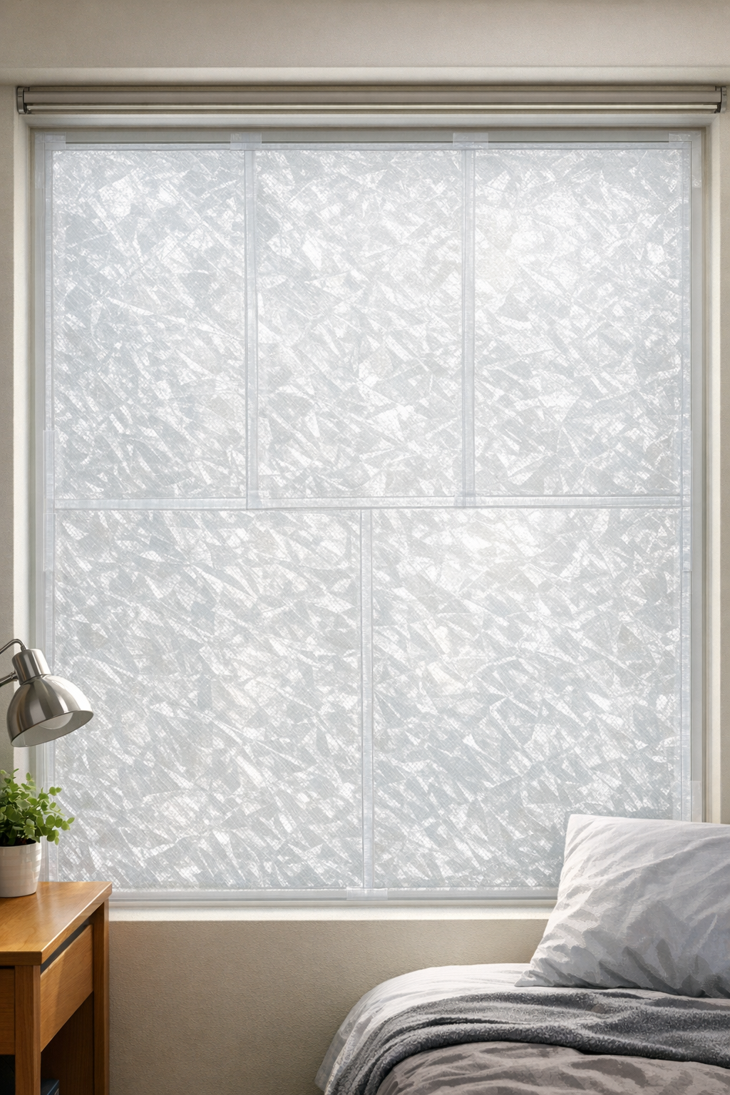 Finished frosted dorm privacy screens on a window
