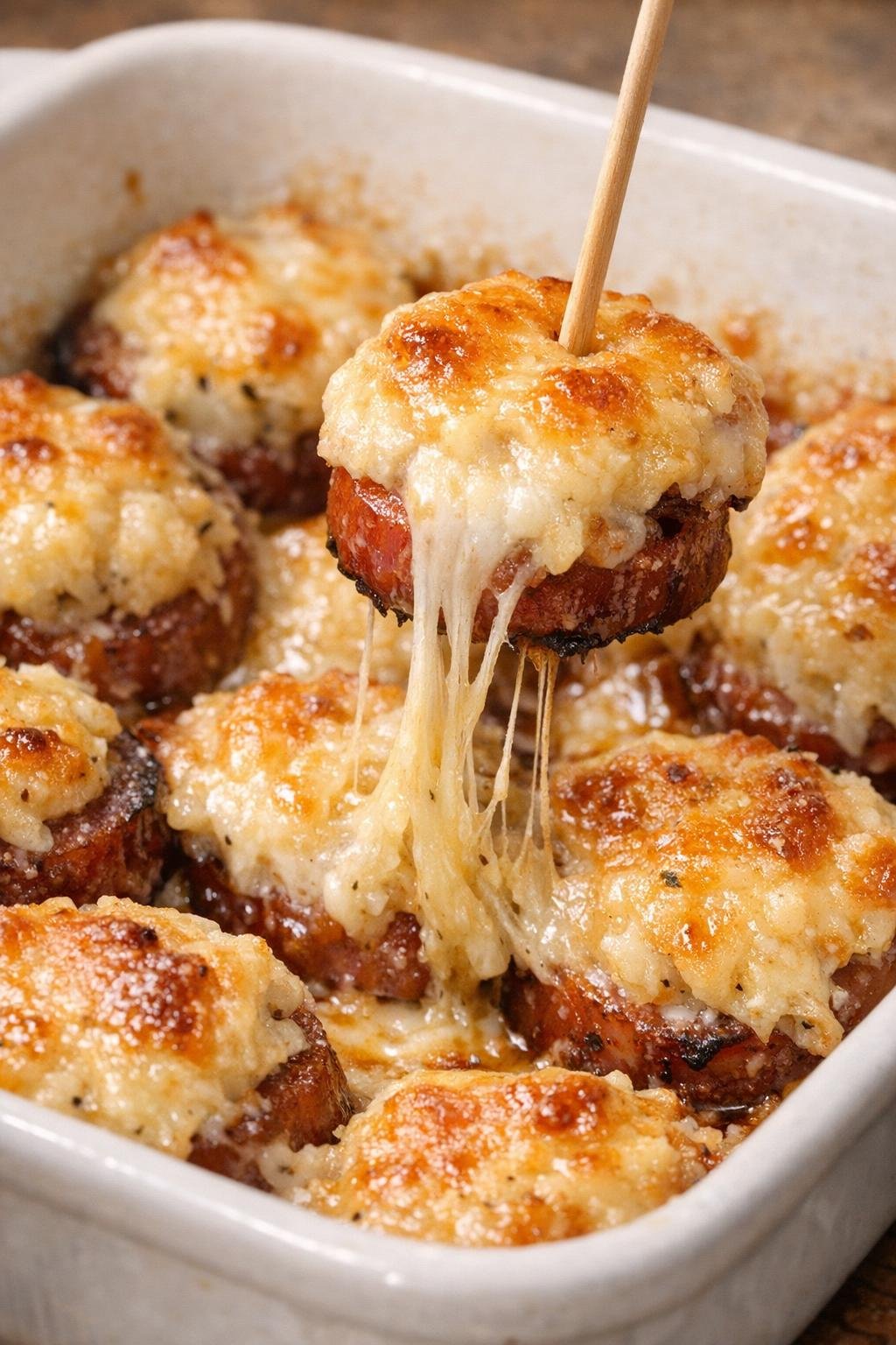 Low carb kielbasa Vanderbilt bites with melted cheese pull