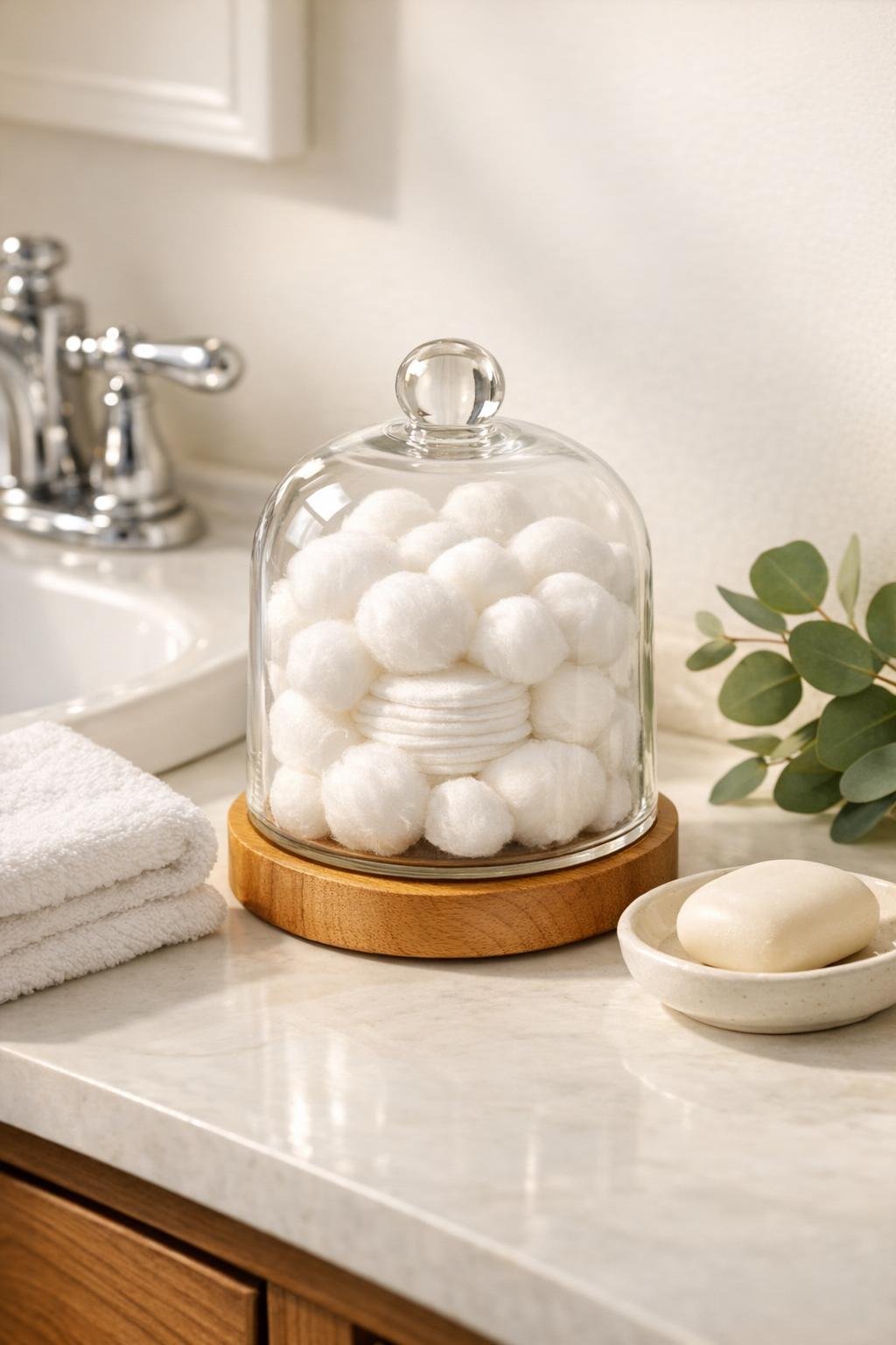 Finished bathroom cotton dispenser under a glass cloche