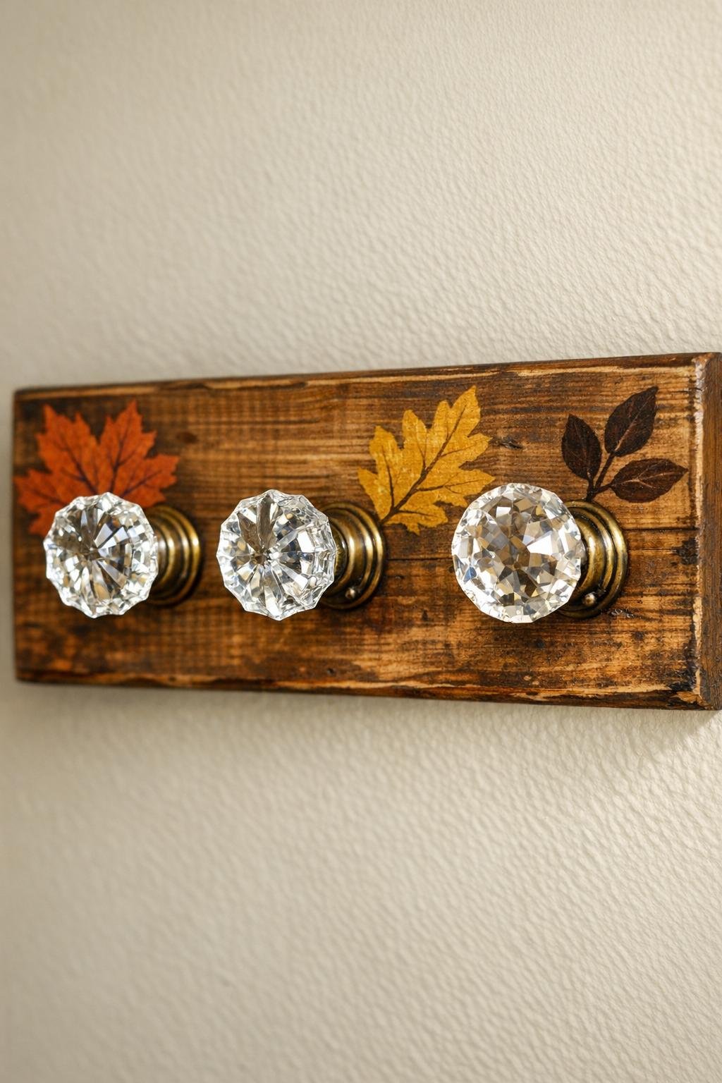 Finished autumn wall hooks made from old glass doorknobs