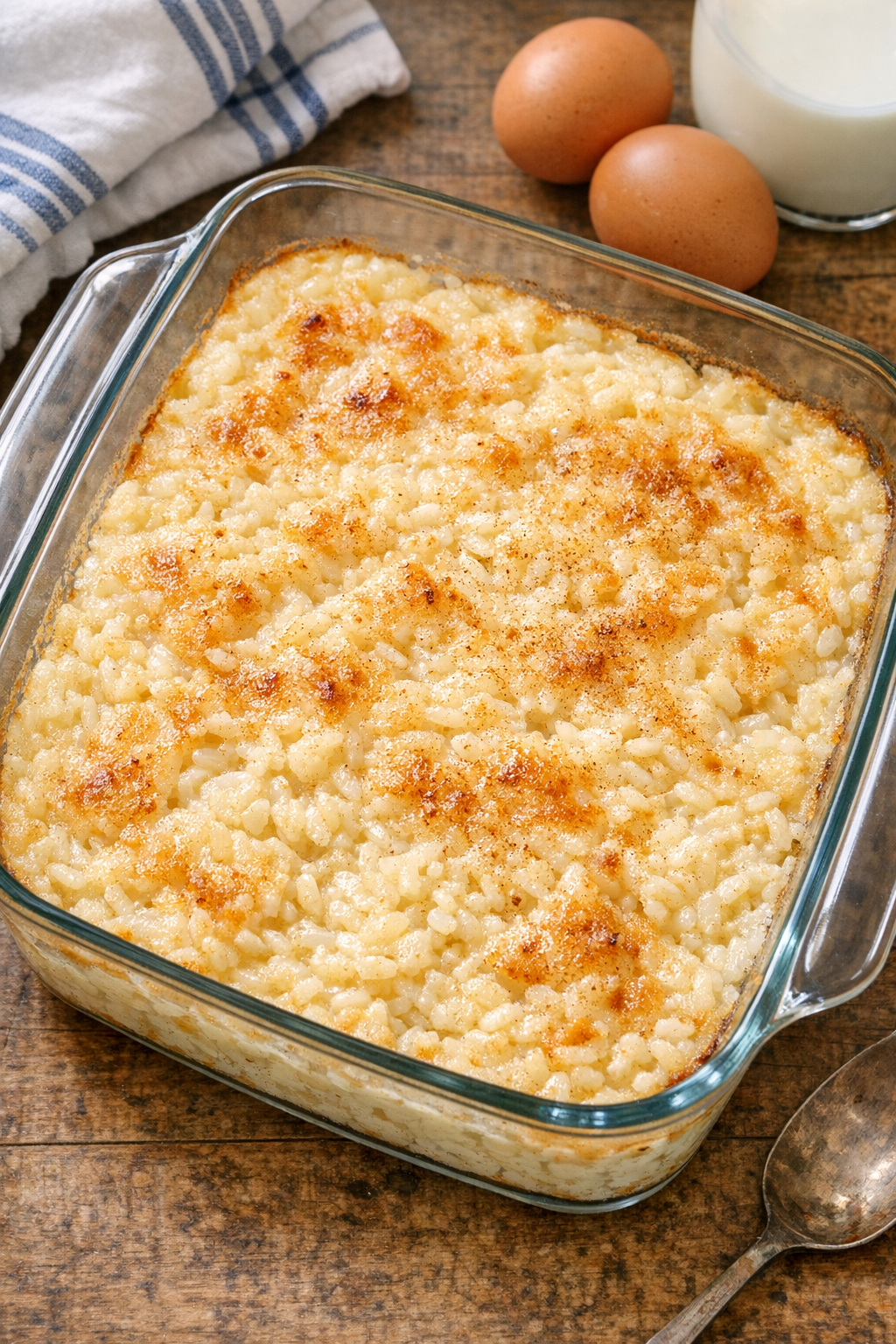Baked rice pudding in a glass baking dish