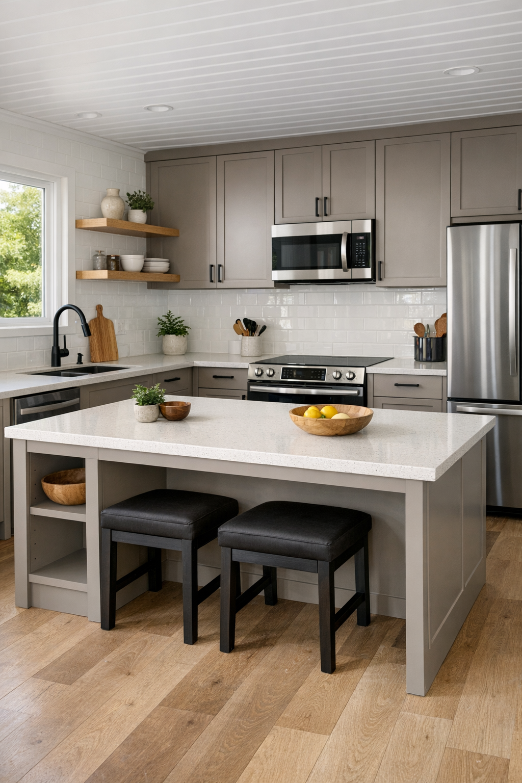 Accessible kitchen with mushroom cabinetry and pale quartz counters