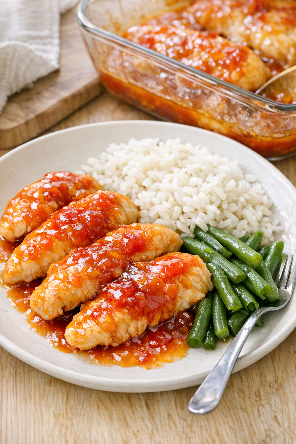 Baked summer sizzle chicken plated with glossy red and yellow sauce