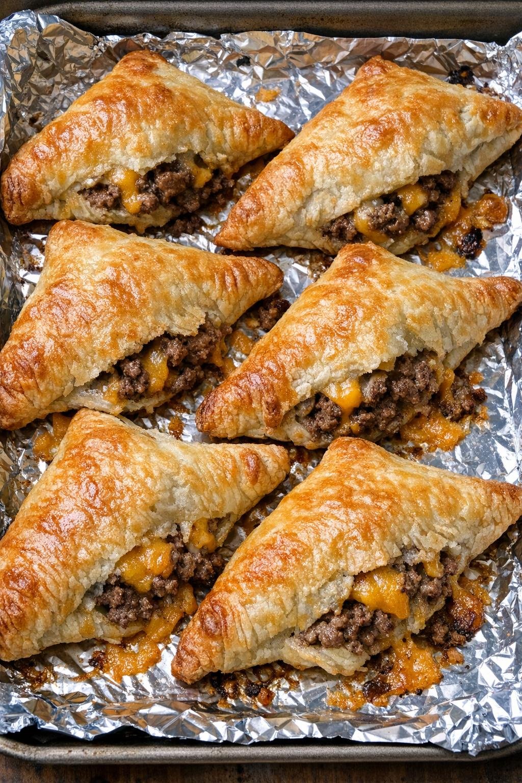 Oven baked beef and cheese turnovers on a foil-lined baking sheet