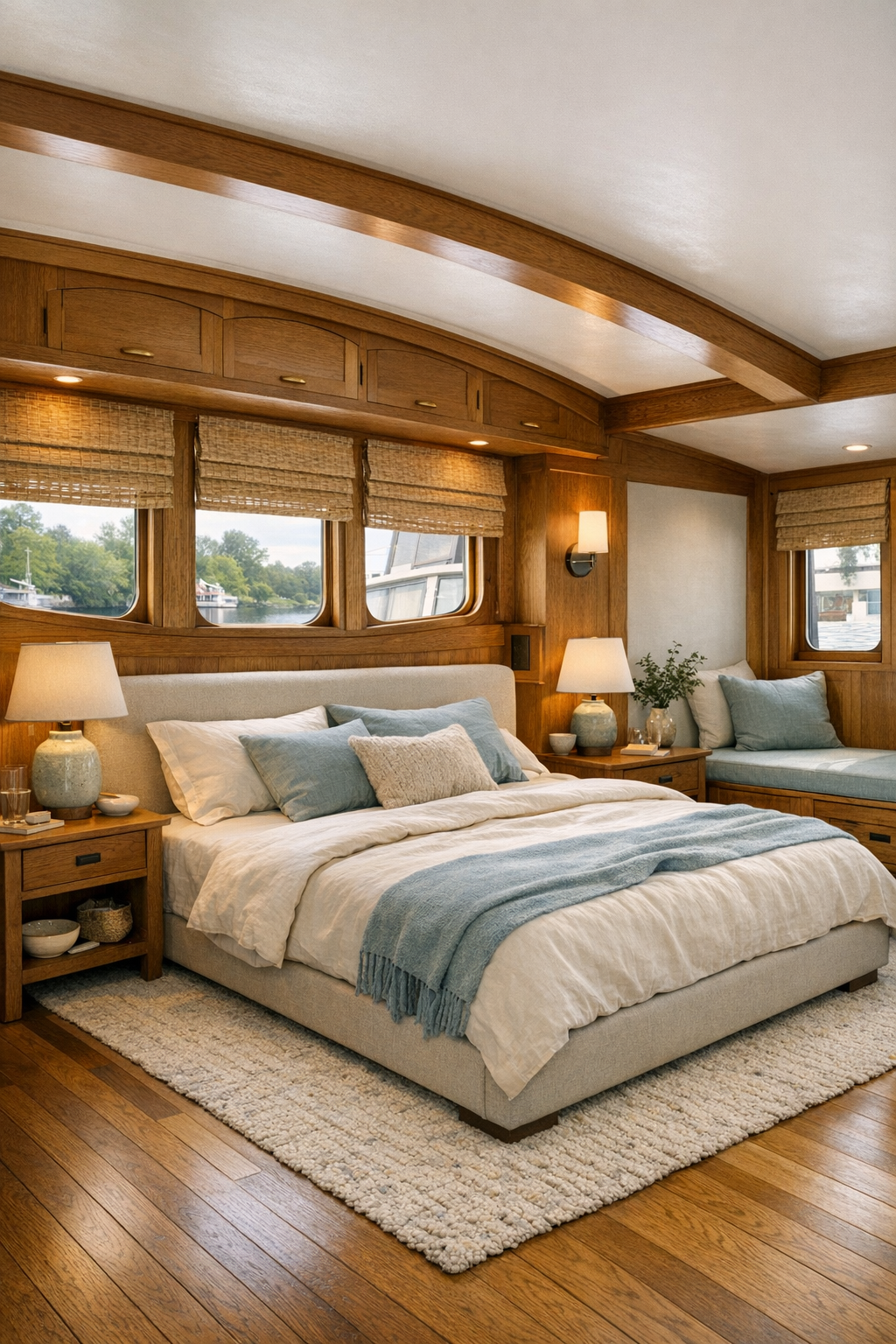 Serene craftsman bedroom with oak furniture and soft blue accents