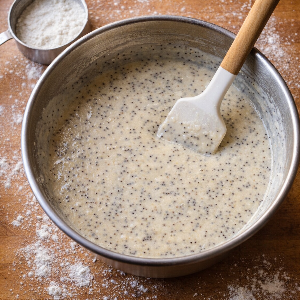 Poppy seed batter in a bowl before cooking