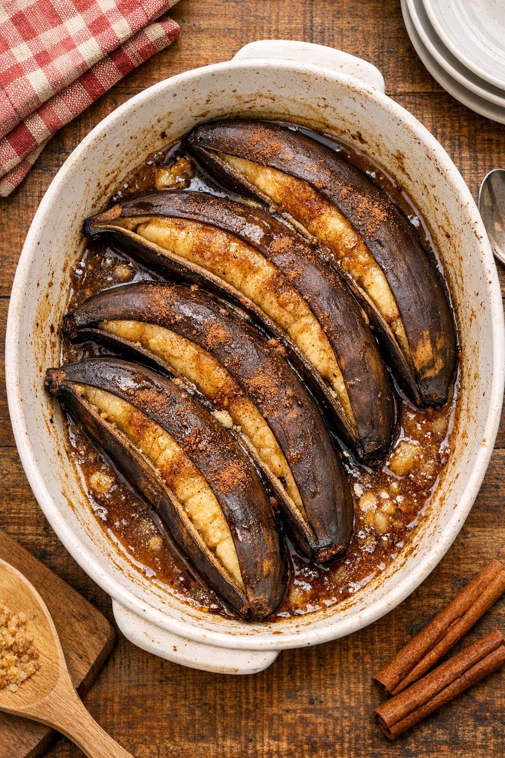 Finished baked bananas in a casserole dish