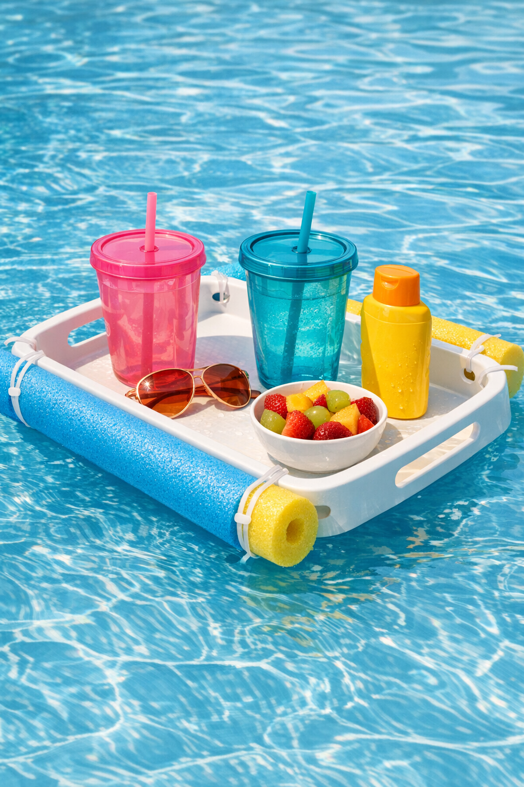 Finished floating pool tray in a swimming pool
