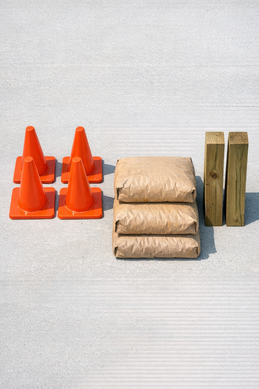 Plastic traffic cones and bags of cement laid out for the project