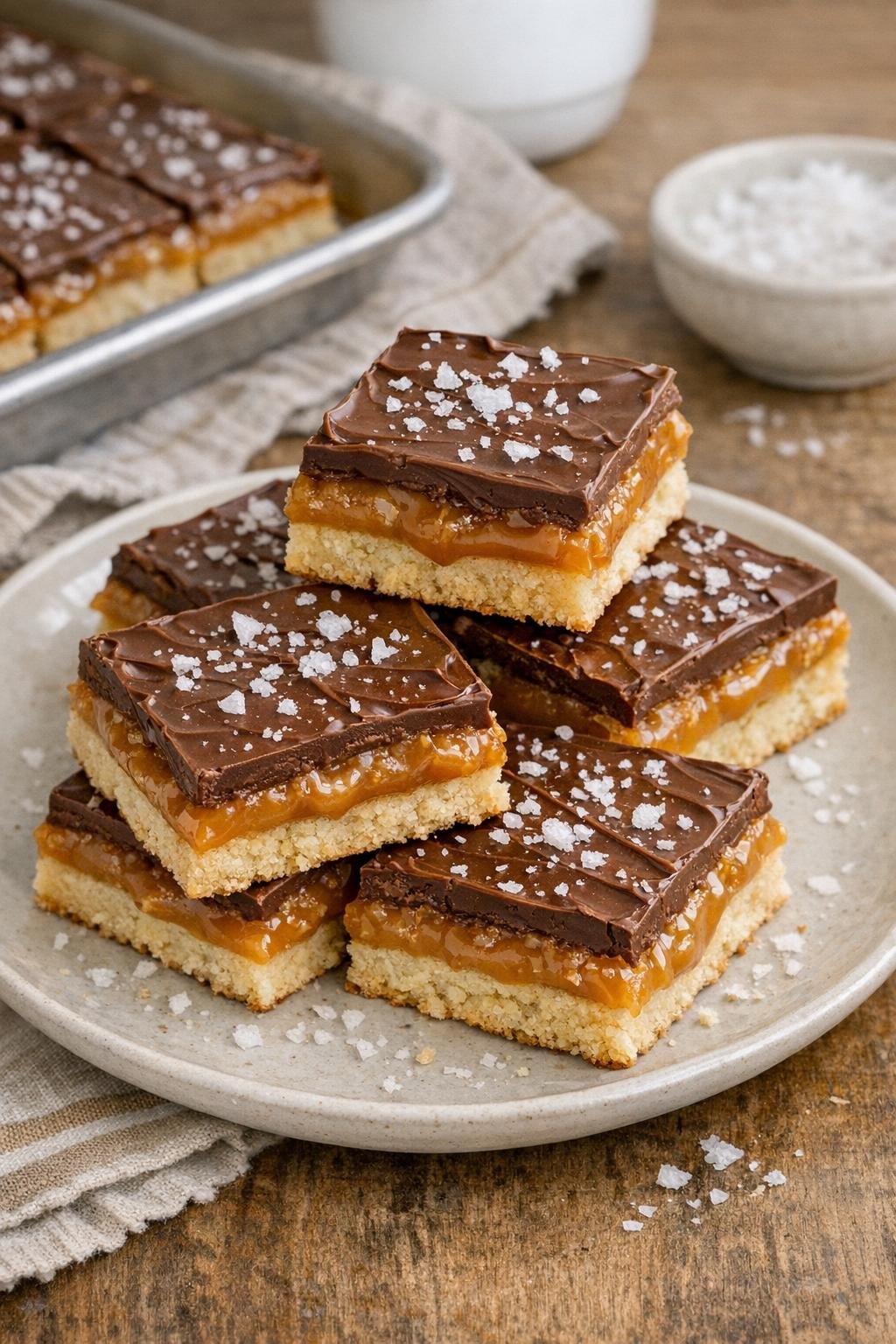 Finished dulce de leche shortbread bars on a plate