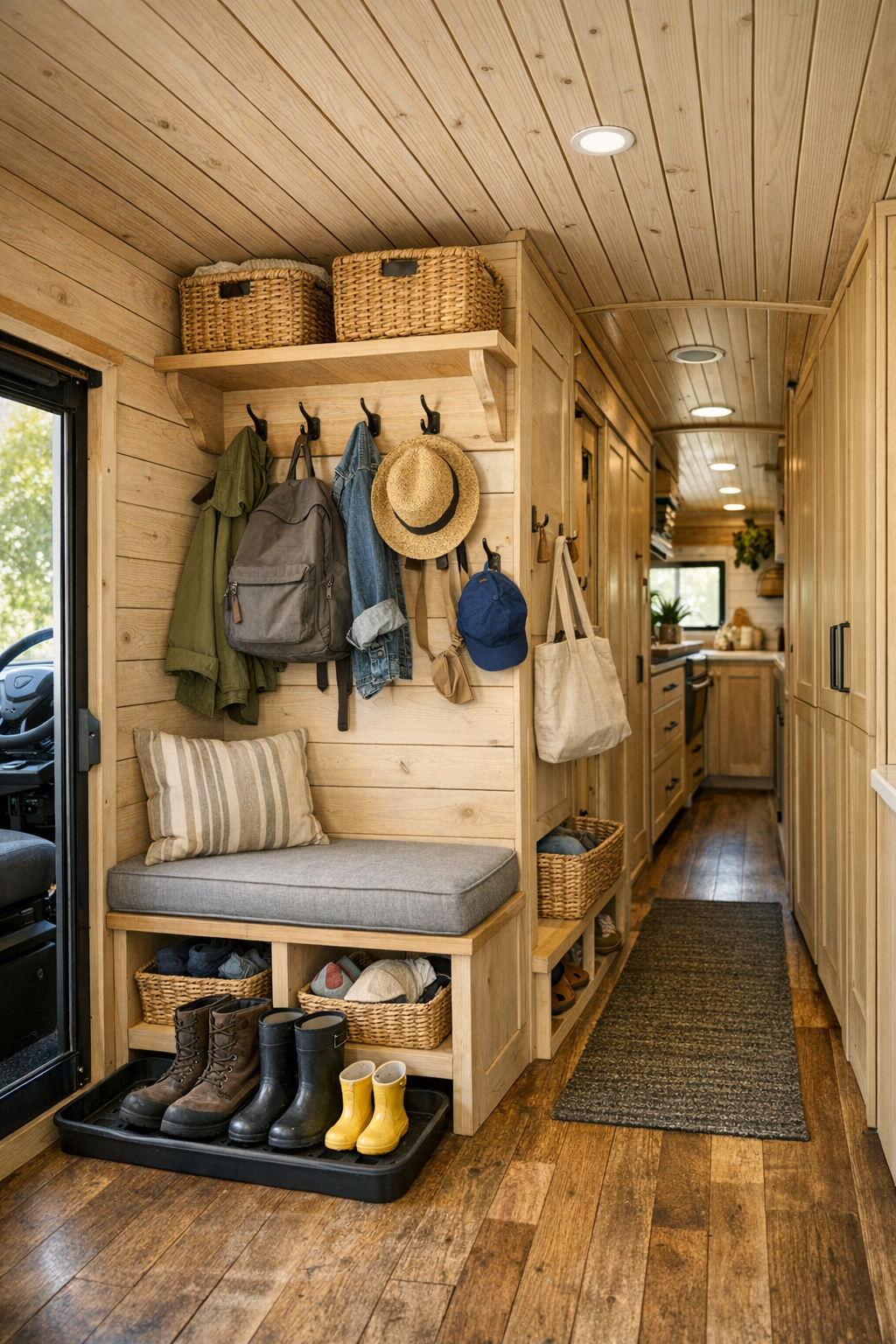 Functional hallway and entry area in a converted bus with storage hooks, bench seating, and warm wood details