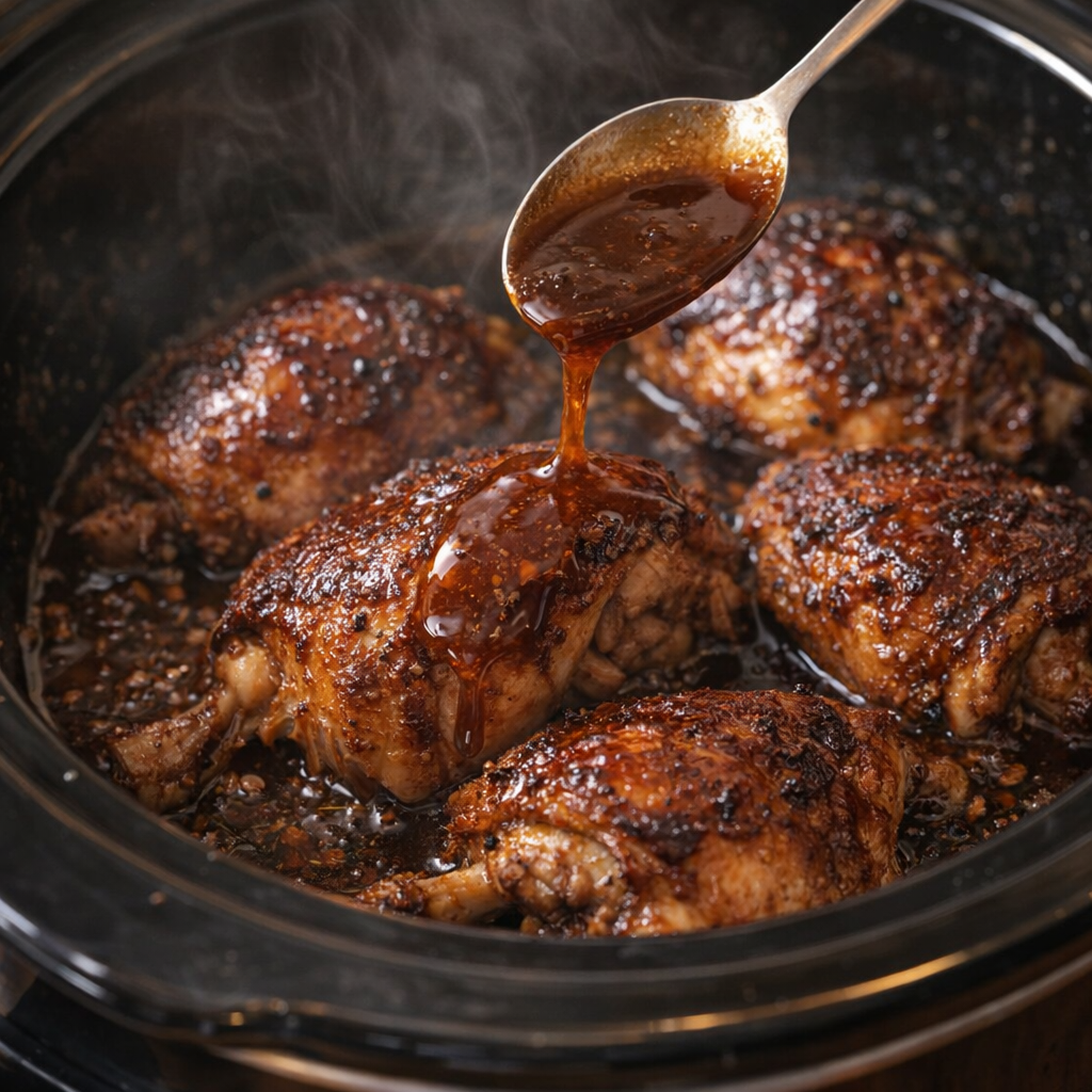Chicken thighs being basted with sauce in the slow cooker