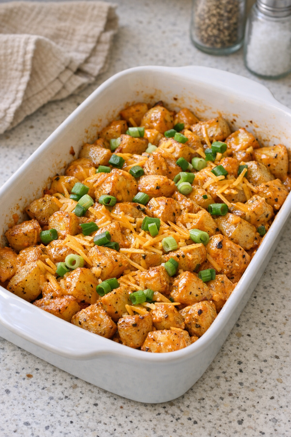 Finished creamy sriracha roasted baby gold potatoes in a casserole dish