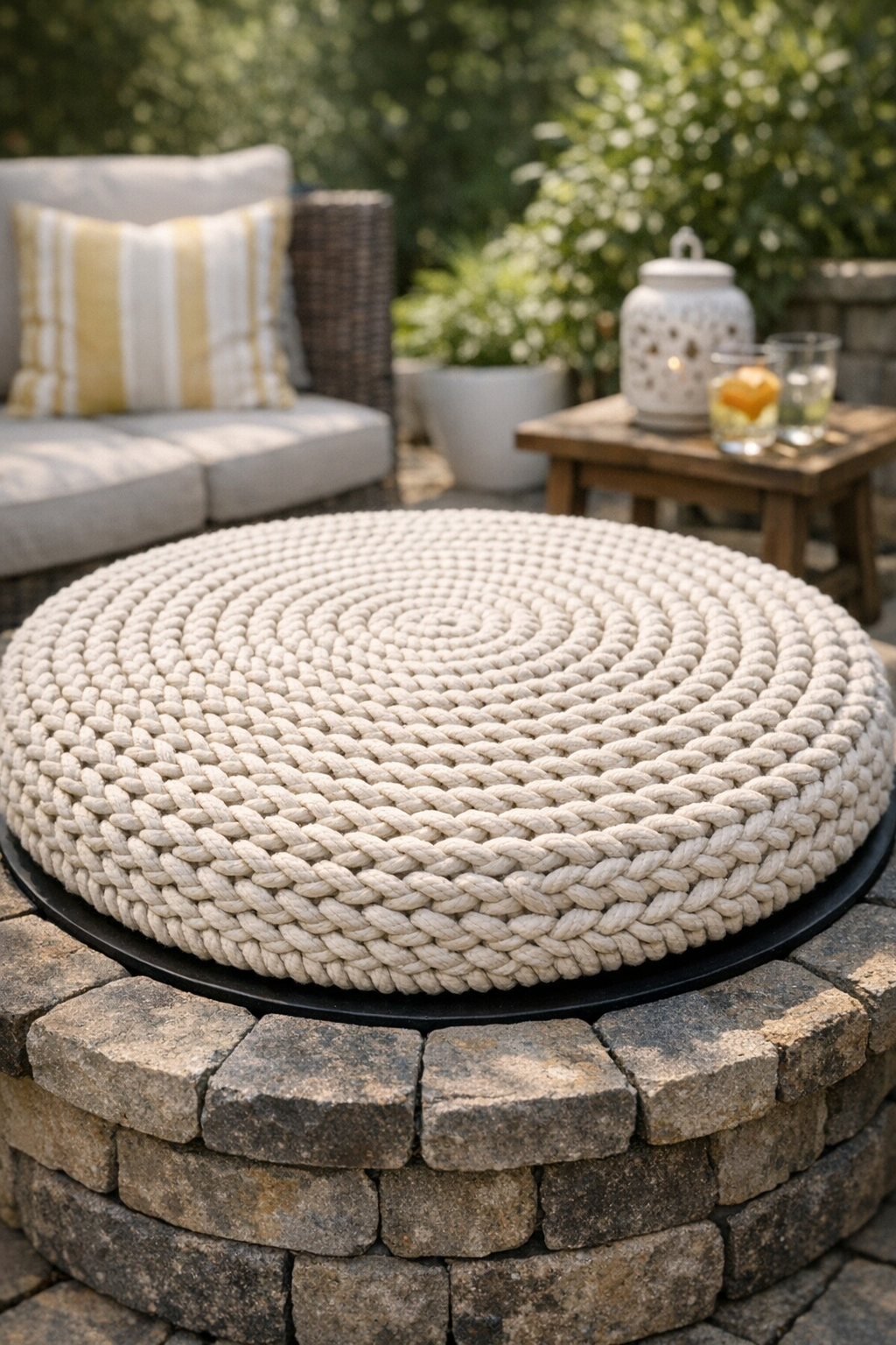 Finished crocheted fire pit cover made from a flipped satellite dish