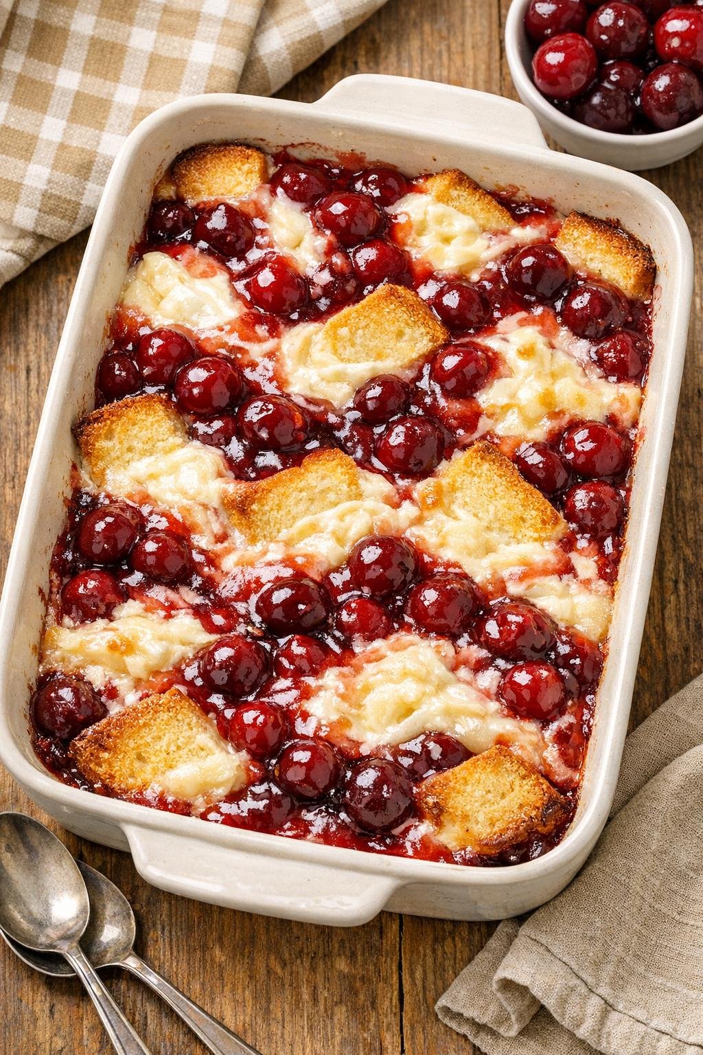 Finished baked pound cake cherry dessert in casserole dish