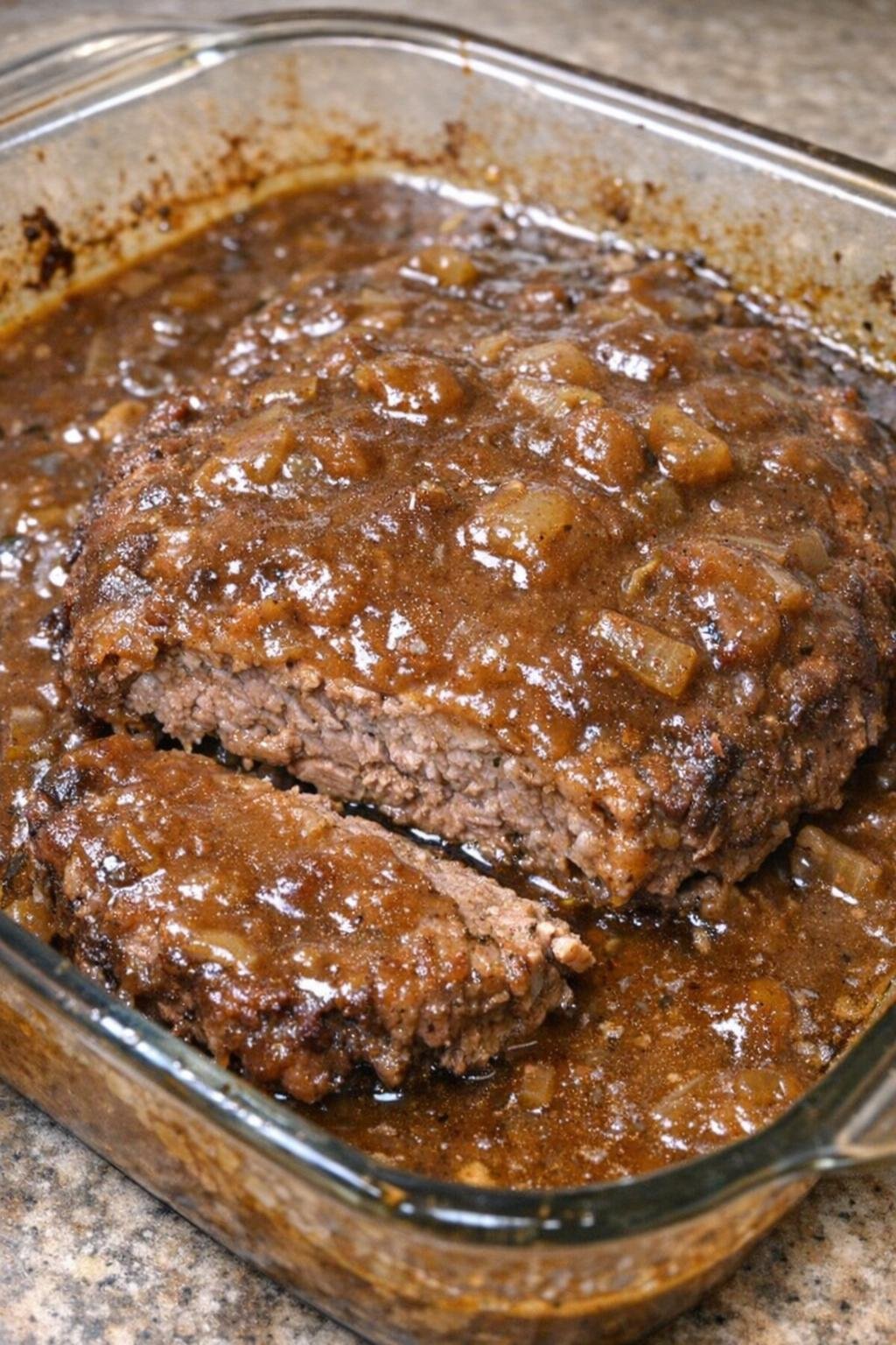 Tender browned round steak smothered in thick gravy in a glass baking dish
