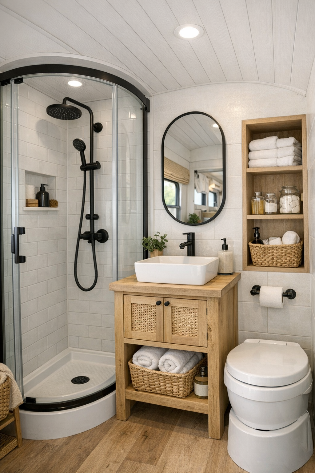 Compact modern bus bathroom with wood vanity and simple shower finishes