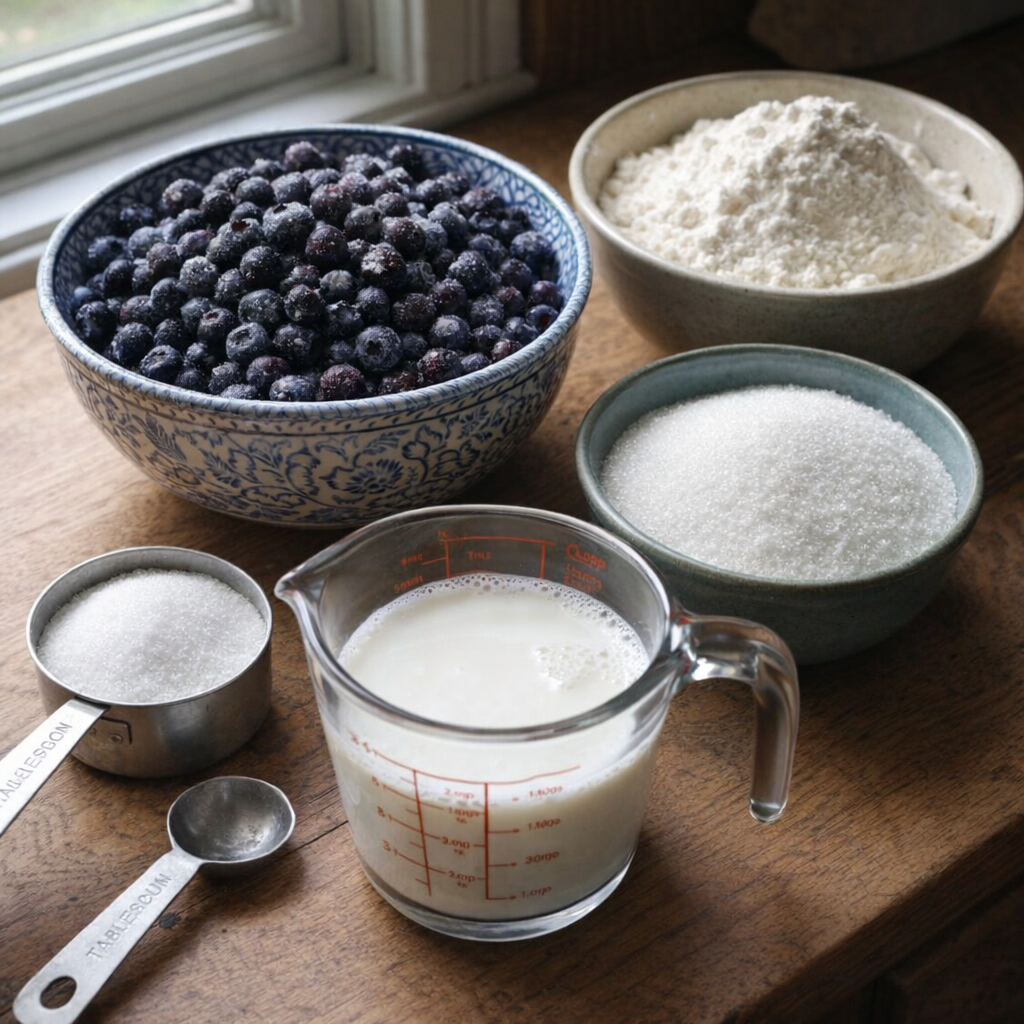 Measured ingredients for blueberry grunt on a kitchen counter