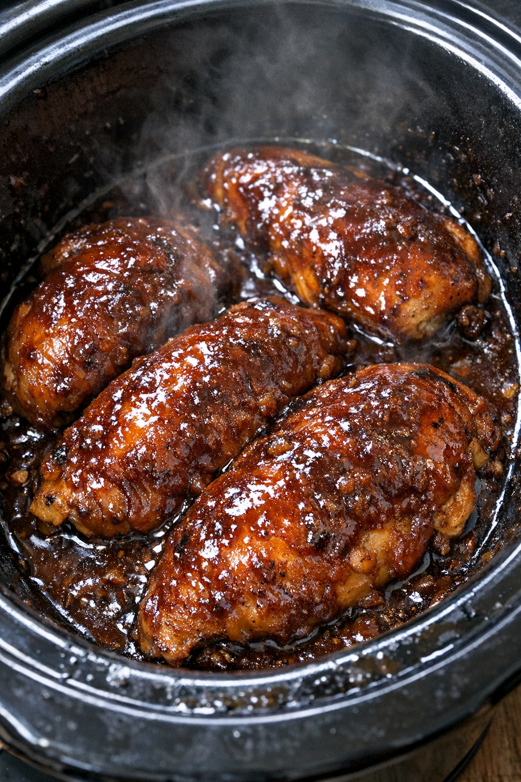 Slow cooker apple butter chicken in a black slow cooker