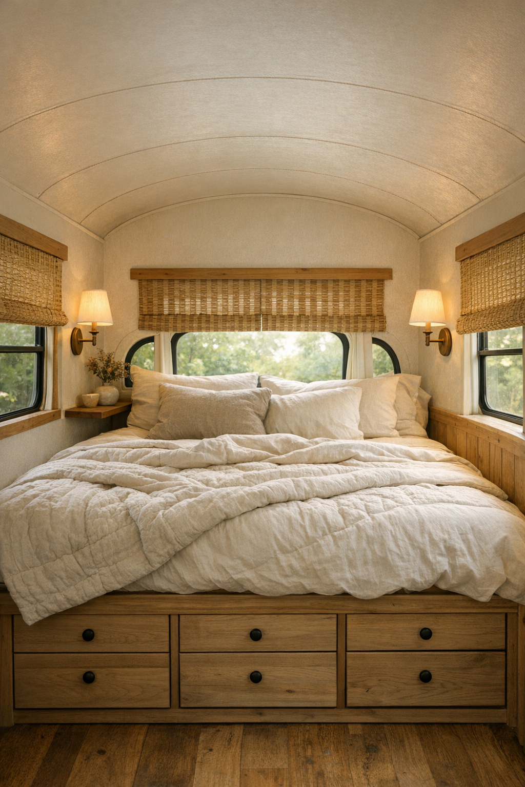Serene bus bedroom with built-in bed, linen bedding, and soft natural light