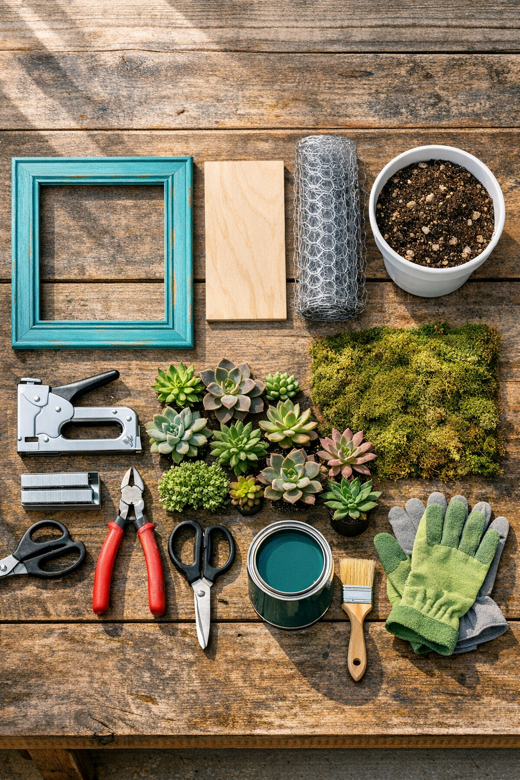 Materials for a vertical succulent wall laid out on a table