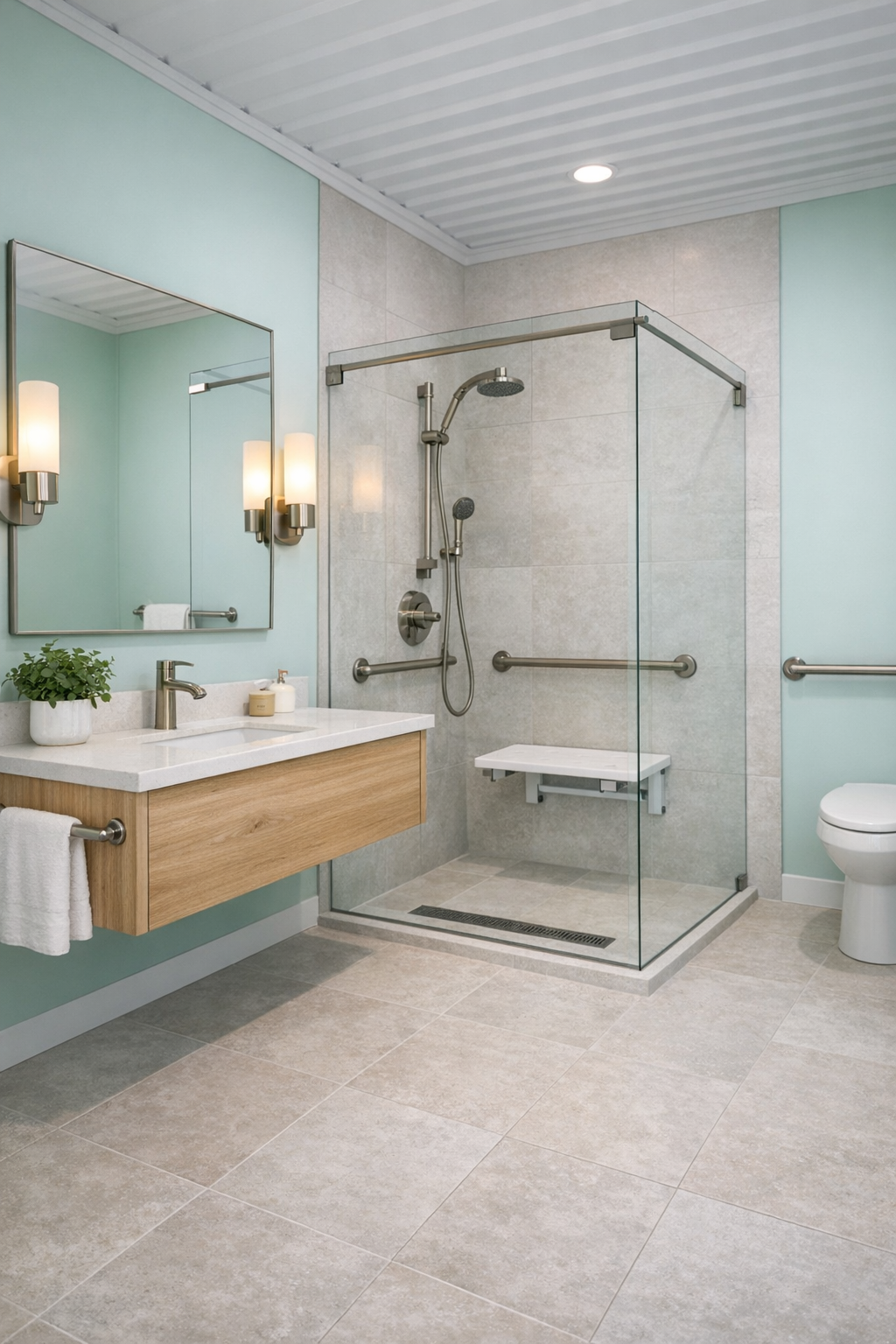 Accessible bathroom with curbless shower, pale oak vanity, and soft stone tile