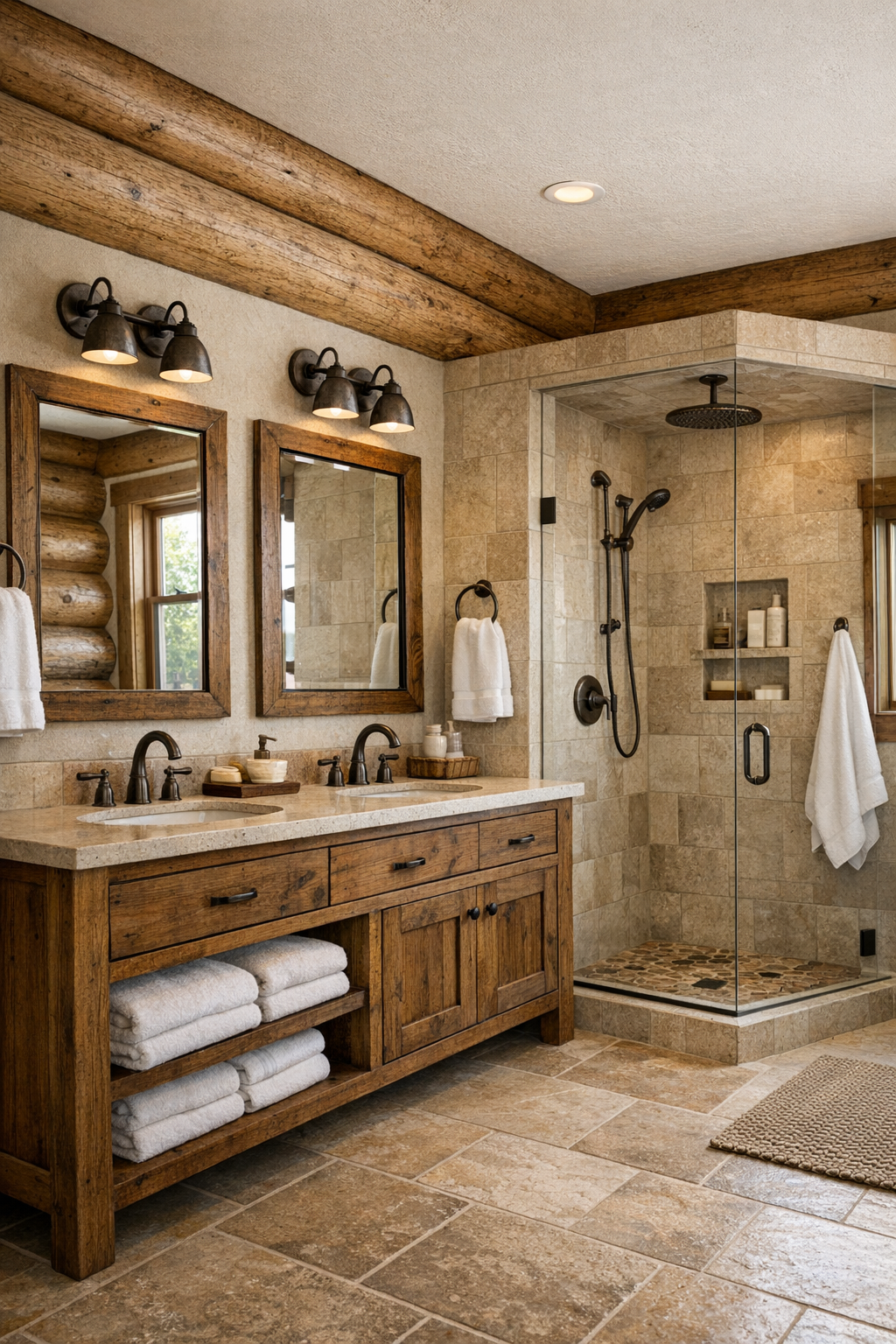 Warm rustic bathroom with wood vanity, pale stone surfaces, and a tiled walk-in shower