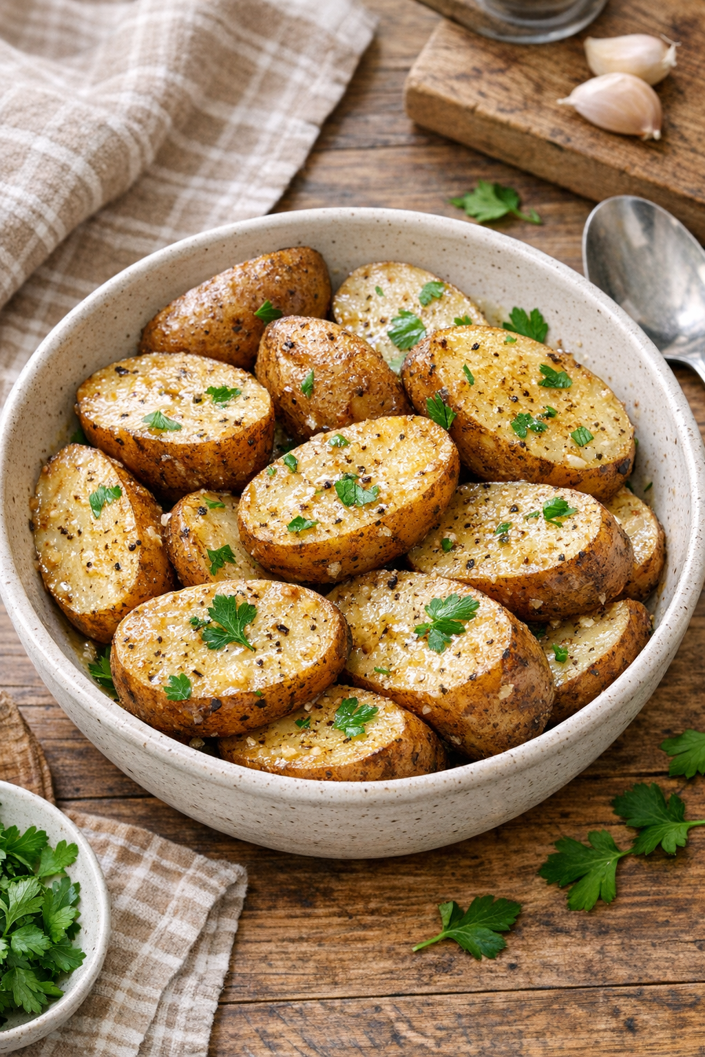 Finished slow cooker potato dish in a rustic serving bowl