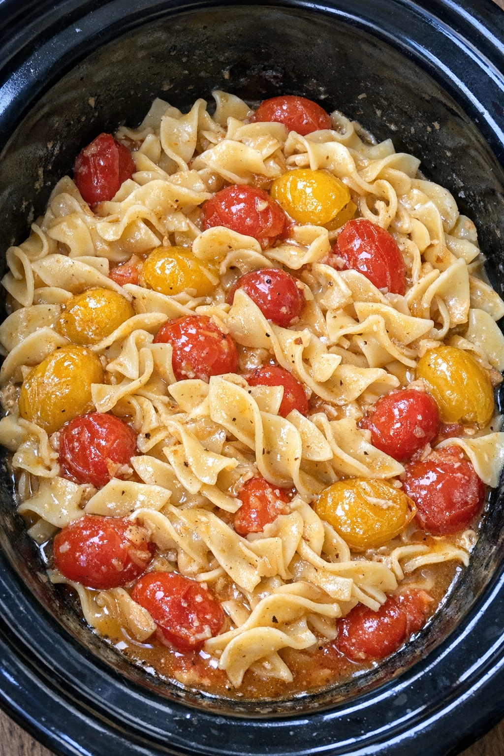 Slow cooker Amish cherry tomato noodles in a black slow cooker
