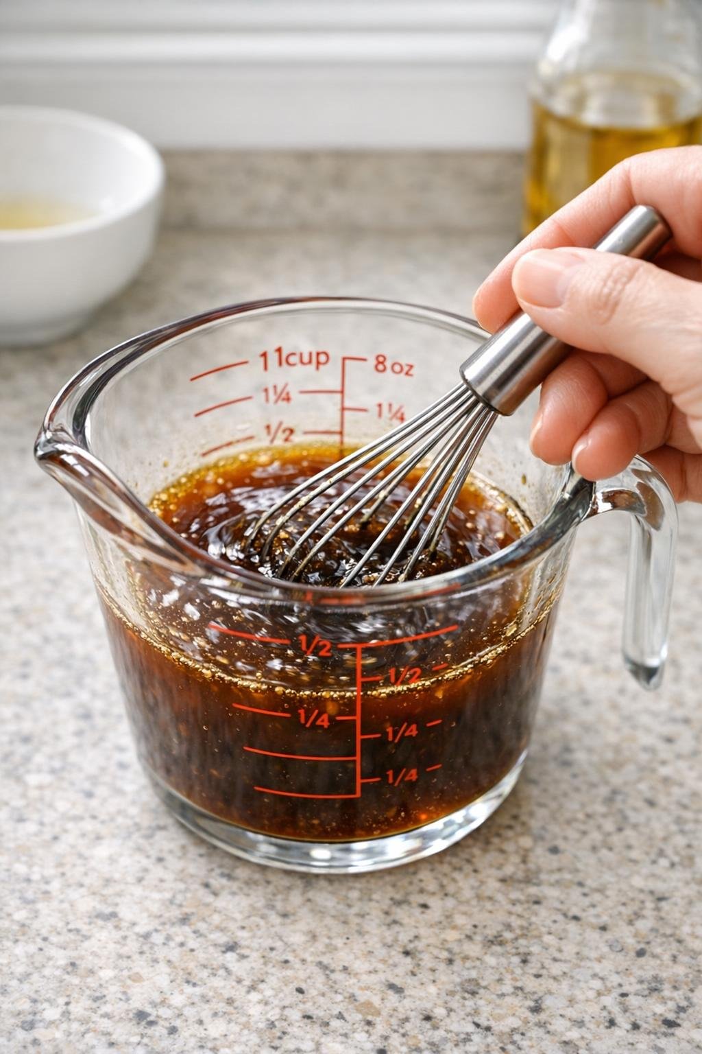 Soy sauce mixture being whisked in small bowl