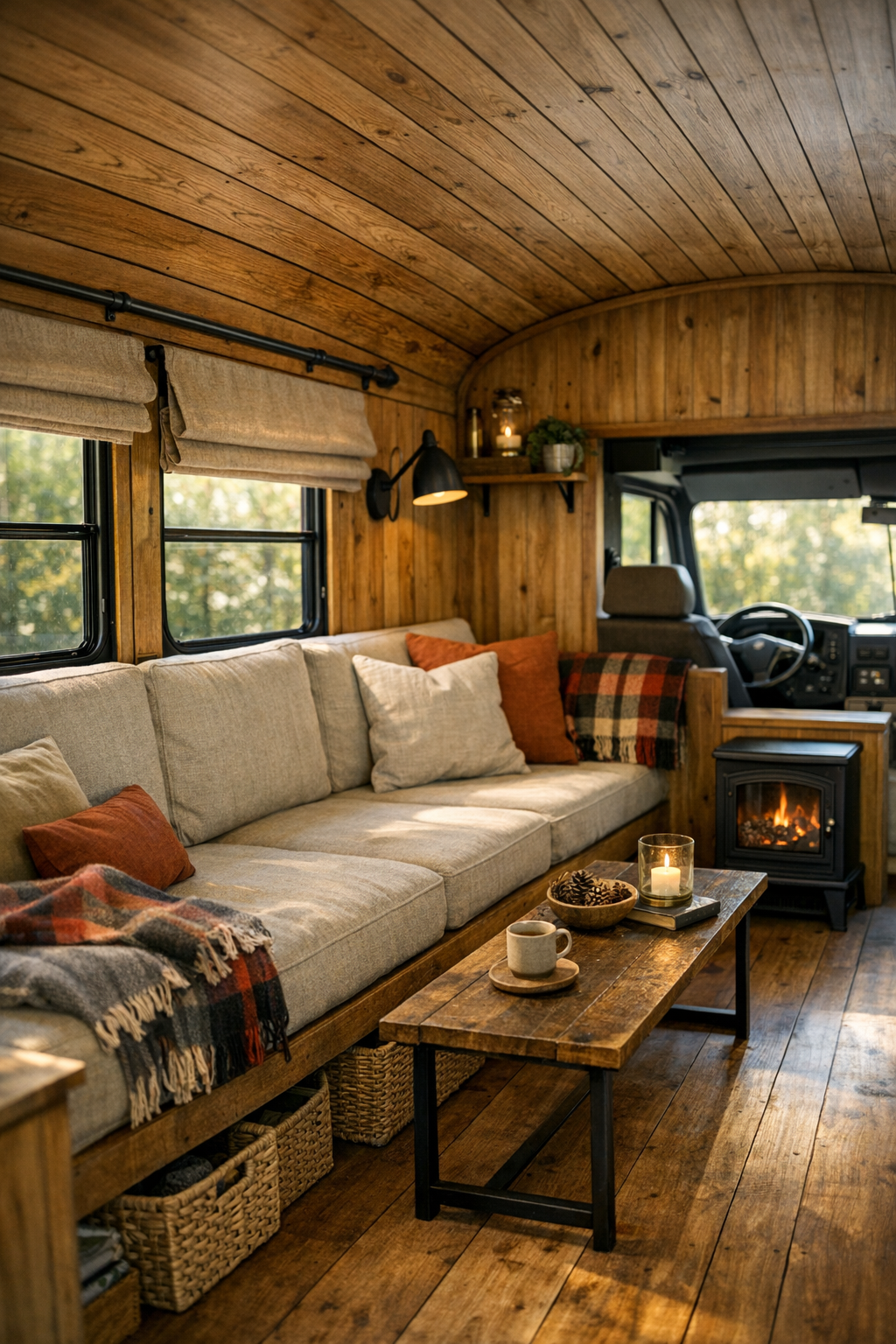 Rustic bus living room with built-in bench seating and warm wood paneling