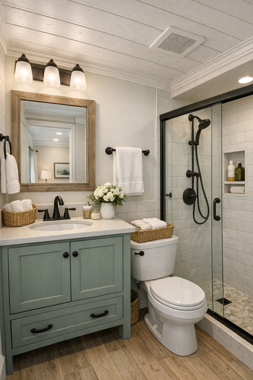 Compact cottage bathroom with a painted vanity, light tile, and simple polished finishes