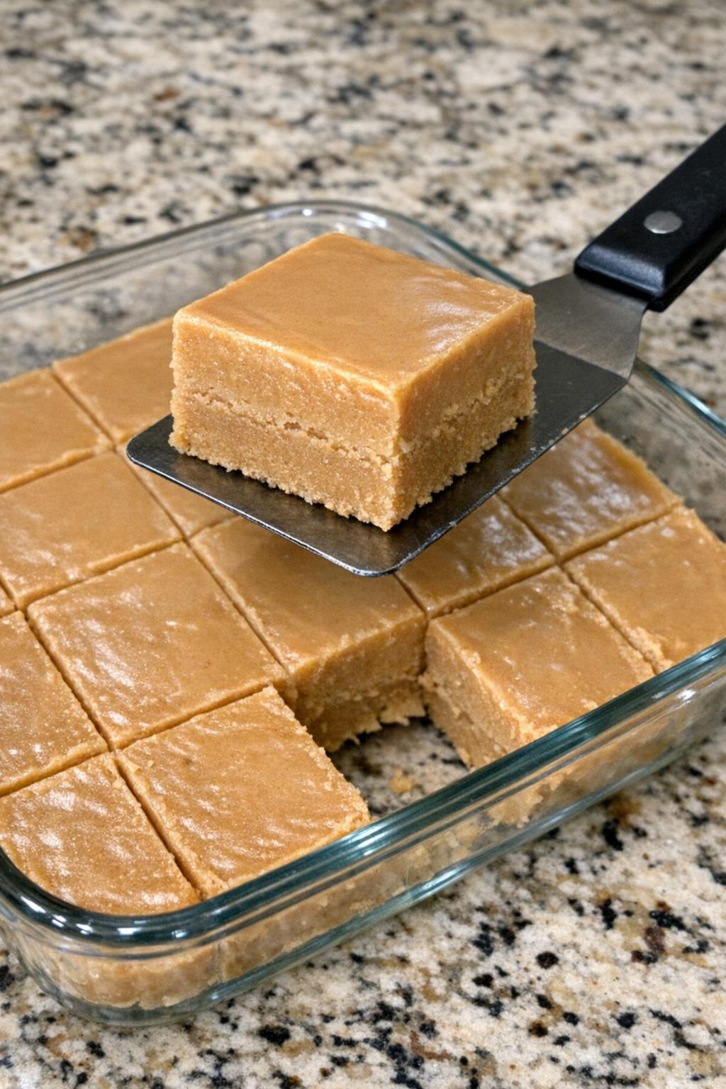 Peanut butter fudge squares in a glass dish