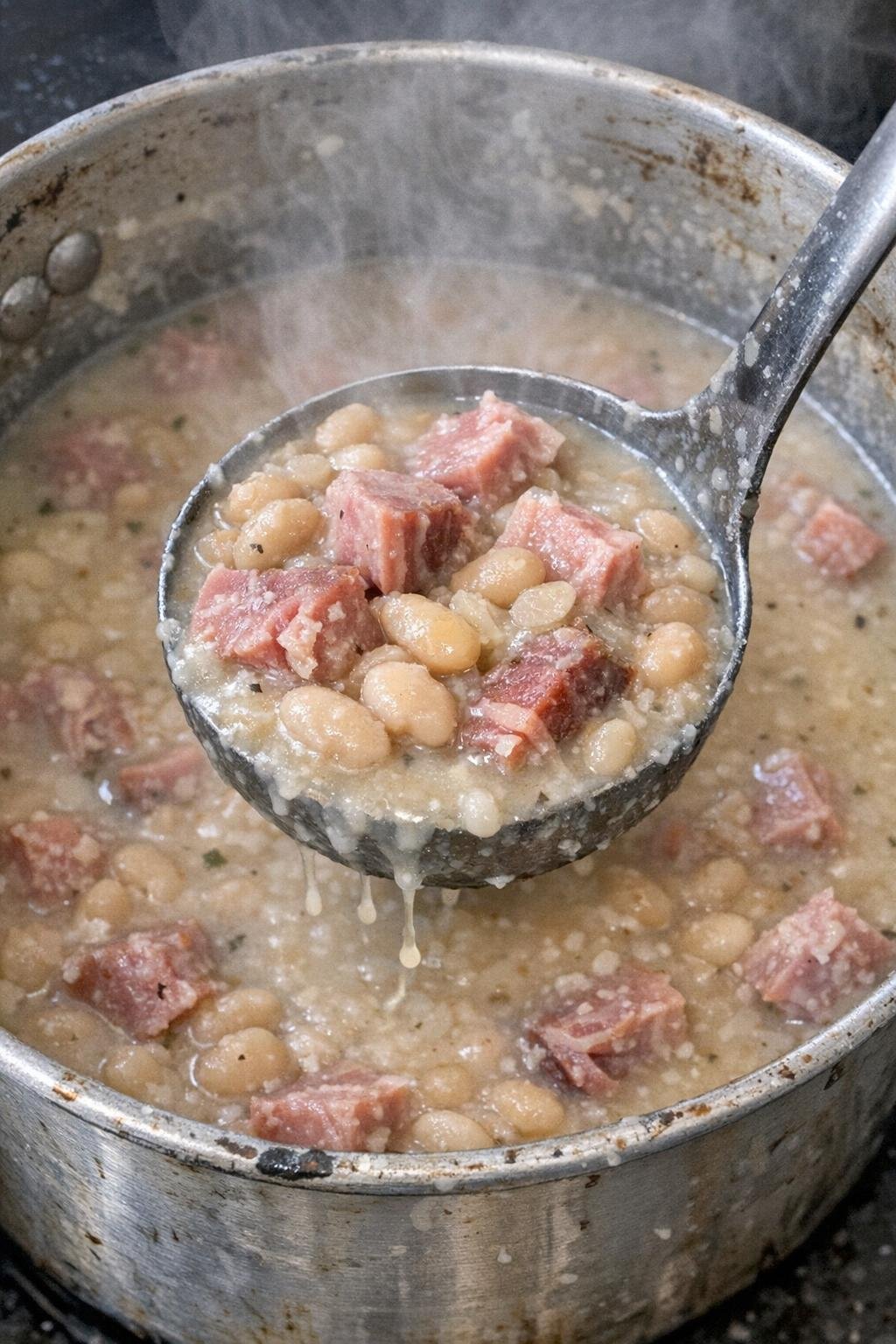 Close up of creamy ham and bean soup