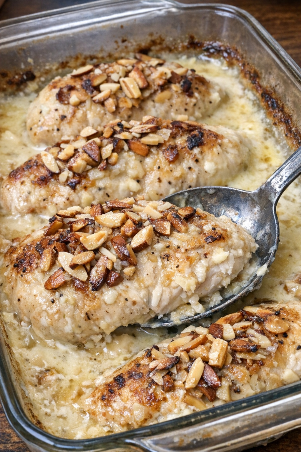 Golden chicken breasts with toasted almonds in creamy sauce