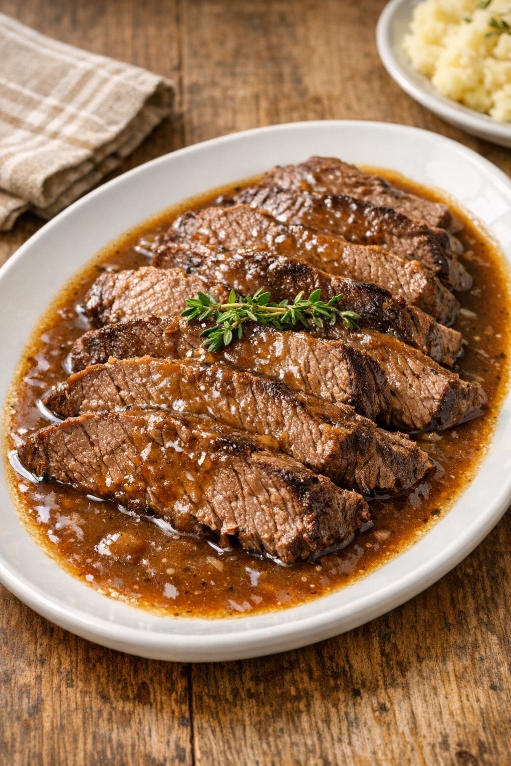 Finished flat iron steak pot roast with gravy on a platter