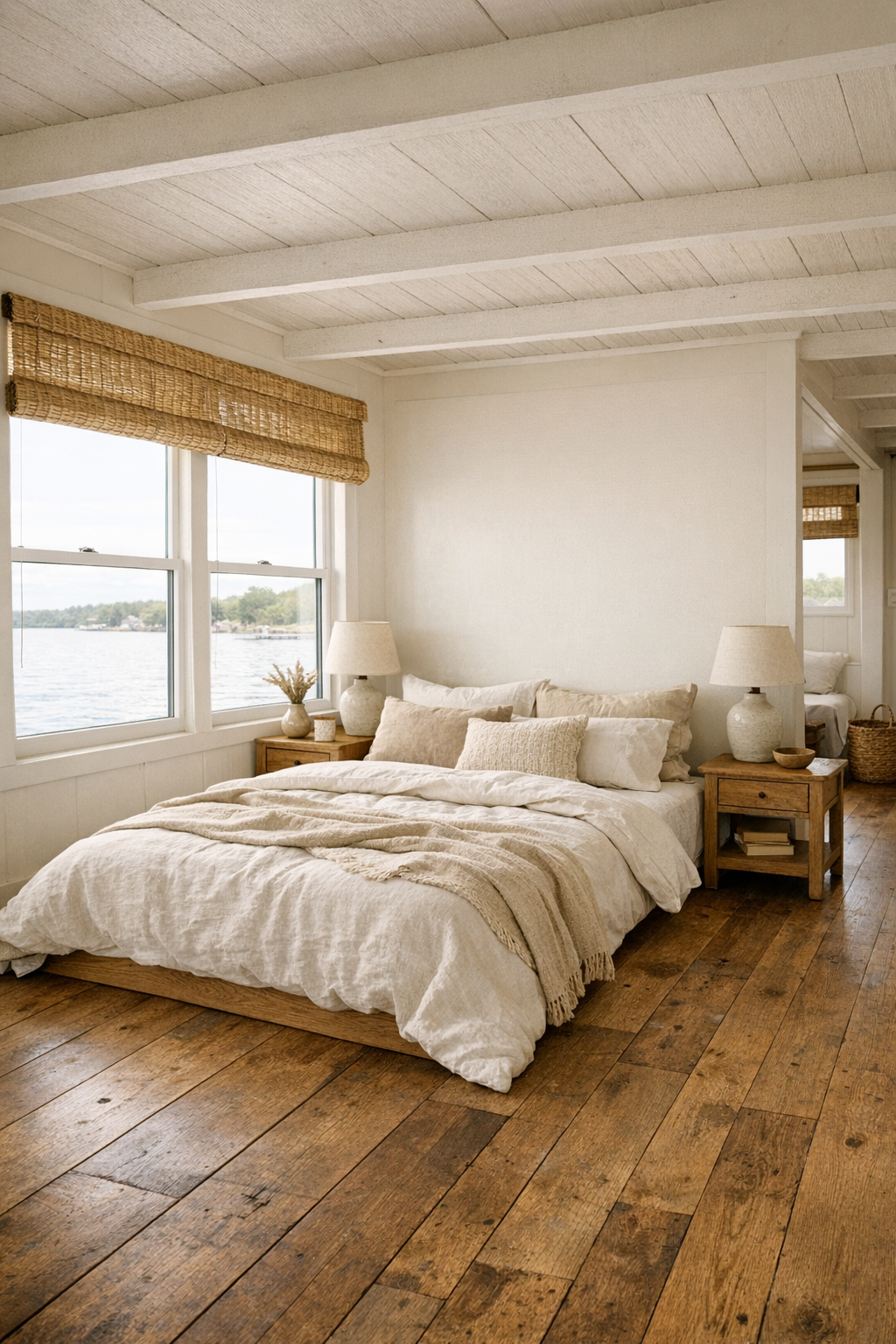 Serene farmhouse bedroom with layered linens, oak accents, and large windows to the water