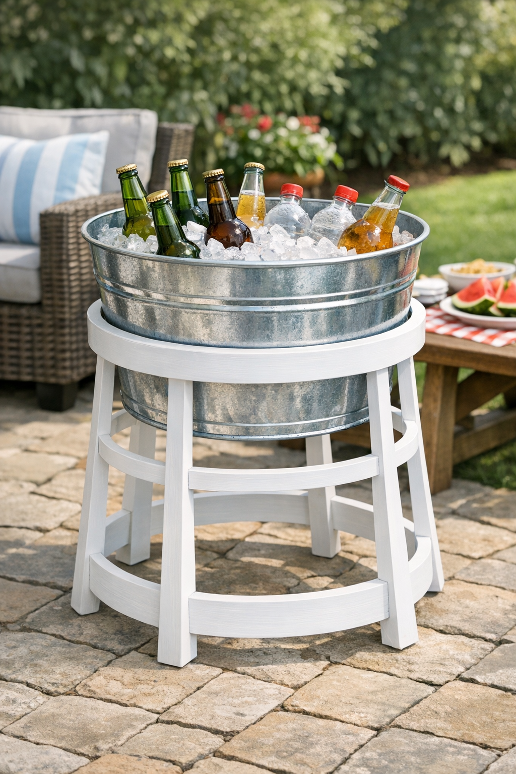 Finished outdoor ice bucket stand made from a galvanized tub inside a white wooden tomato cage