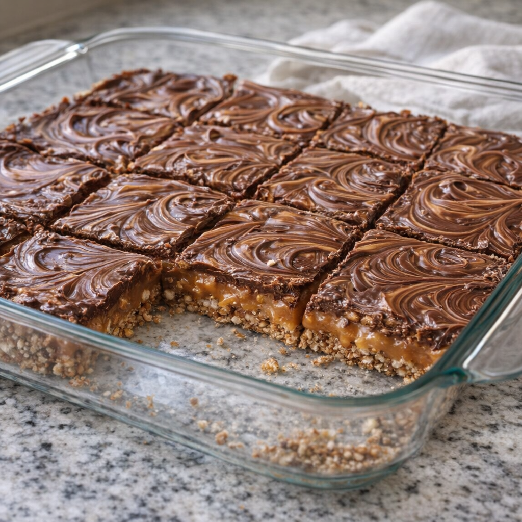 Pan of caramel pretzel bars on a kitchen counter