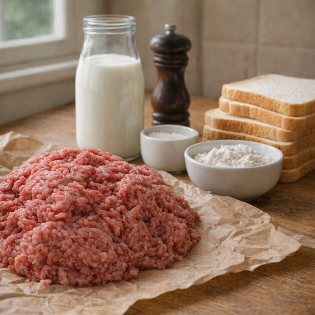 Simple ingredients for hamburger gravy on a kitchen counter