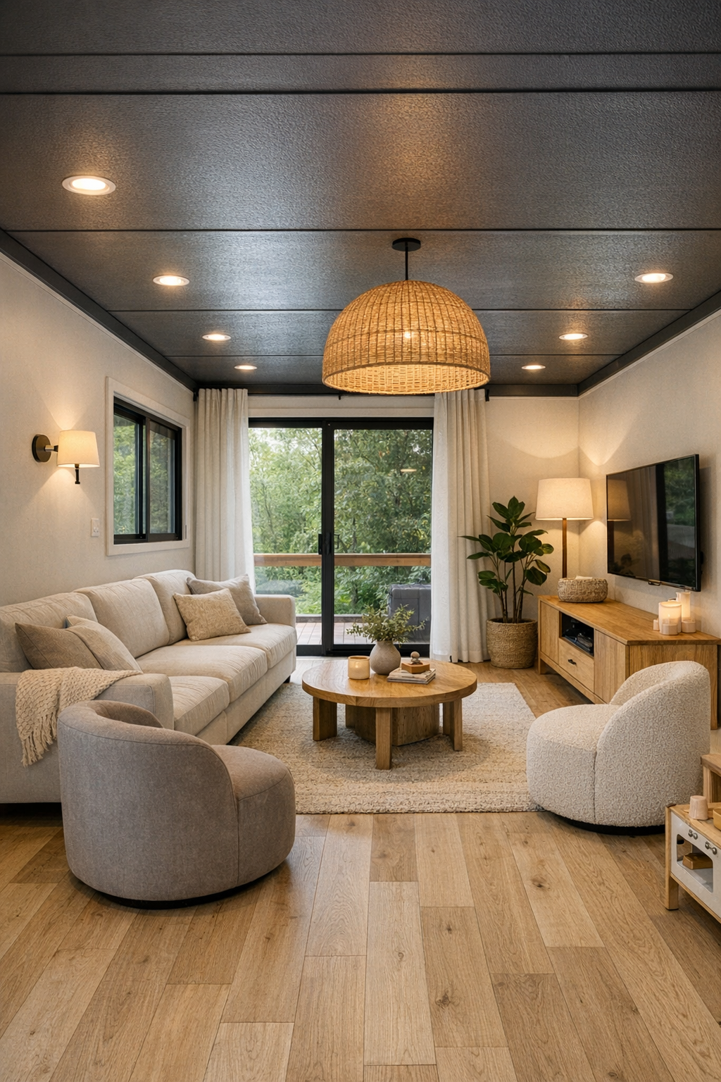 Bright modern accessible living room with soft neutral seating and pale wood finishes